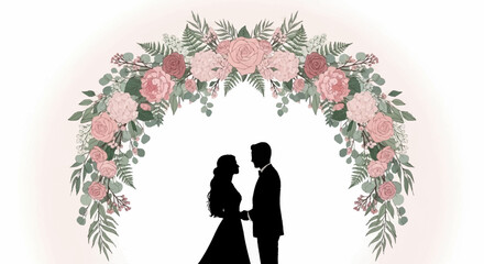 Alevidhanu couple stands under floral archway at romantic wedding ceremony © dhanu