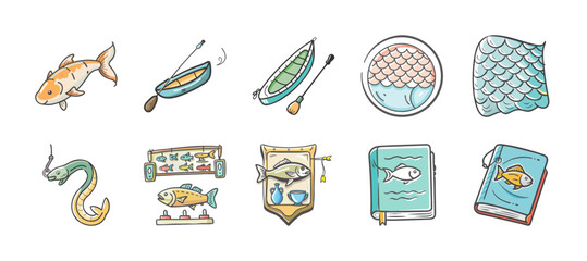 Koi fish, canoe, kayak, fish scales, and fishing book icons. © SulaimanIslam