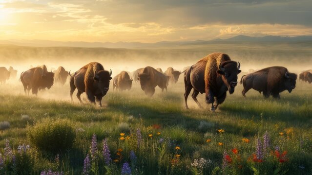 Majestic bison herd running across a field at sunset