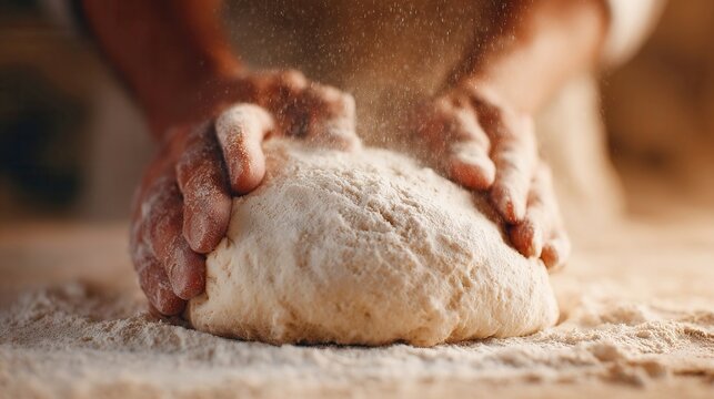 Artisan Bread Making, hands skillfully kneading dough amidst floating flour particles, warm dramatic lighting enhances the rustic atmosphere, showcasing the craft of baking with rich textures.