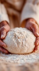 Fototapeta premium Rustic Artisan Bread Craft, intimate capture of skilled hands shaping textured dough, showcasing the artistry and tradition of baking with a focus on tactile details