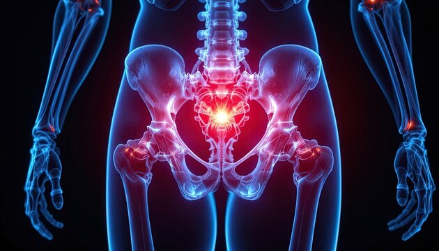 Lower Back Pain Anatomy Illustration with Skeleton, Spine, Pelvis, Femur, and Red Pain Signals