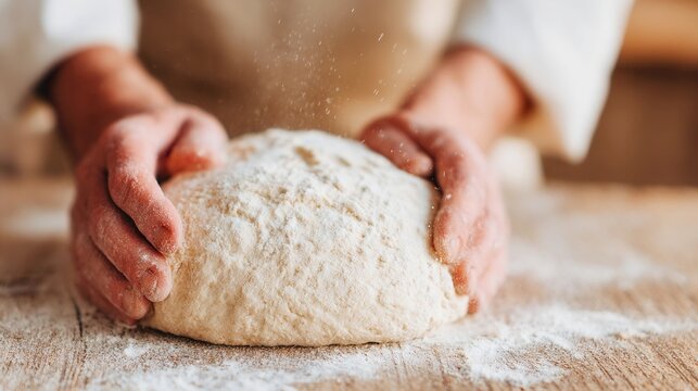 Rustic Bread Crafting, Close-up view of hands kneading dough in a warm kitchen, earthy tones highlight the authentic atmosphere of homemade artisan baking