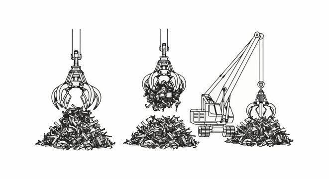 Mechanical claws grab and sort piles of scrap metal