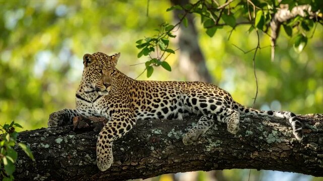 A leopard rests on a large, textured branch, surrounded by green foliage, basking in sunlight
