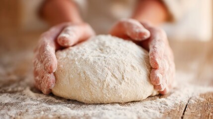 Fototapeta premium Baking Hands Kneading Dough, Flour-Dusted Fingers Working on Rustic Table, Soft Shadows Highlighting the Art of Handmade Bread Creation
