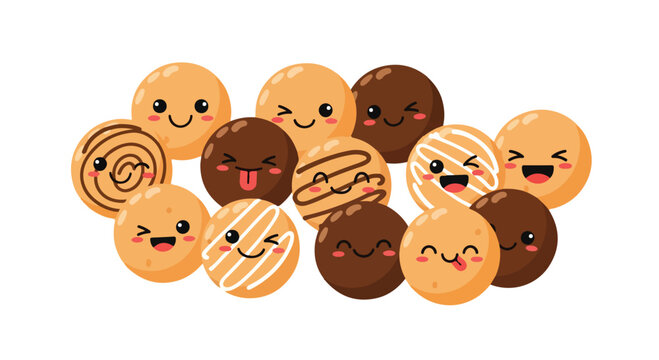 Collection of decorated cookies with various expressions on a clean white background.
