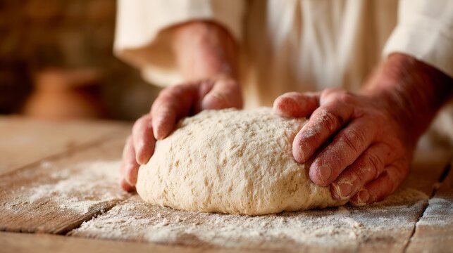 Baker's Hands at Work, close-up view of skilled hands kneading bread dough on a rustic wooden surface, showcasing the artisan process and authentic textures in baking