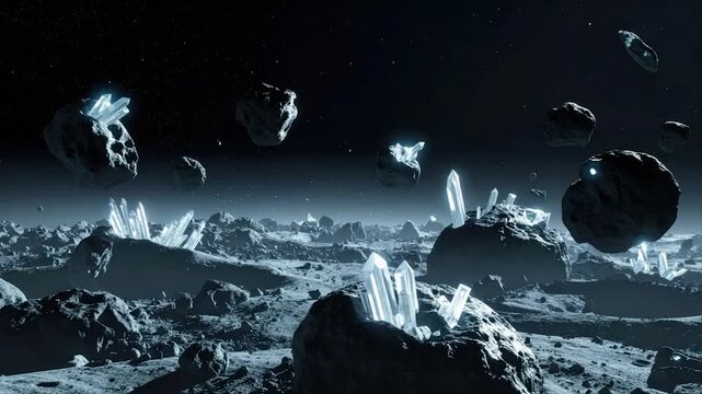 A celestial landscape features rocky terrain with glowing crystals and floating asteroids in a dark space