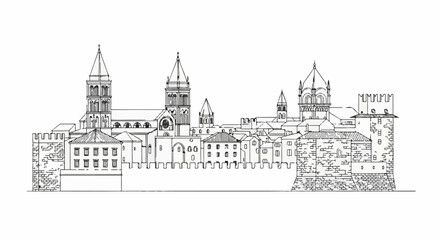 Fototapeta premium Ornate medieval cityscape with towers and fortified walls under a clear sky