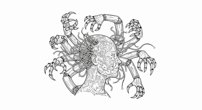 Futuristic cyborg head with mechanical arms and claw-like hands