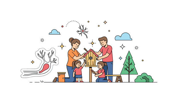 Family in the backyard DIY project scene where a family builds a small birdhouse while small sparkle and star icons emphasize creativity, learning, and