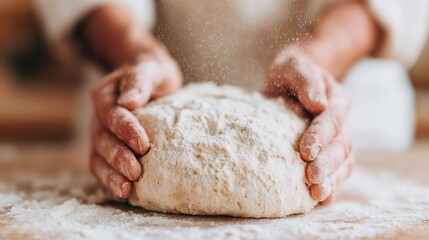 Obraz premium Artisan Baker Skillfully Folding Dough in a Cozy Kitchen, Emphasizing Texture and Flour, Capturing the Heart of the Baking Process in a Warm Atmosphere