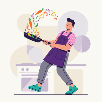 A cheerful male chef in a purple apron energetically tosses a colorful array of fresh vegetables high into the air from a frying pan, creating a playful cooking scene.