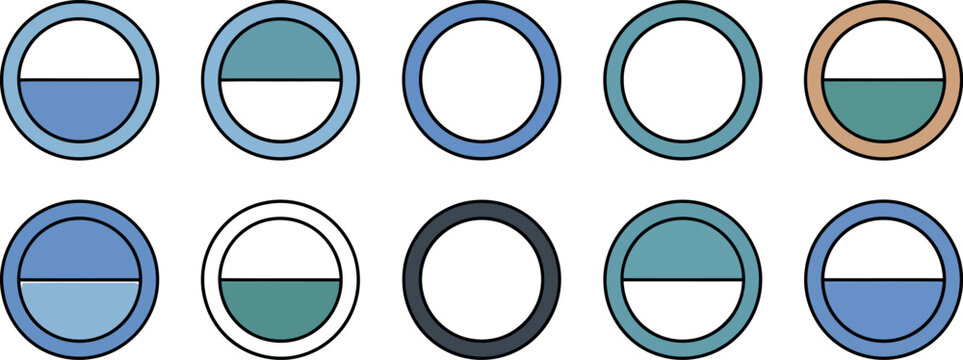 Collection of circular icons with half filled color segments on transparent background