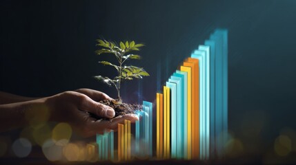Obraz premium Rooted in care: a tree in the palm of your hand. Revenue forecast. A hand's gentle embrace: planting a young tree on earth day. Revenue increase. Profit margin.
