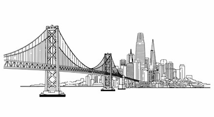 Fototapeta premium A black and white sketch of a suspension bridge leading to a cityscape