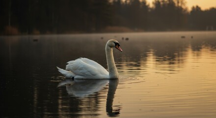 Fototapeta premium Swan swimming on calm water serene lake reflection wildlife photography natural light animal portrait