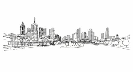 Fototapeta premium Sketchy cityscape with a river and trees