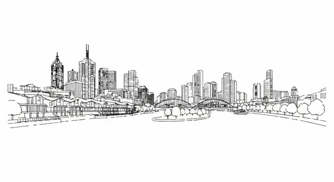 Sketchy cityscape with a river and trees