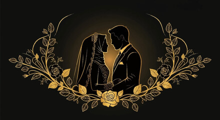 Elegant Gold Floral Frame Wedding Silhouette of Bride and Groom - A Romantic Celebration of Love © dhanu