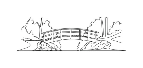 Fototapeta premium Footpath Wooden Bridge. Minimalistic one-line drawing simple wooden bridge connecting forest trail, continuous single black line on white background, simple