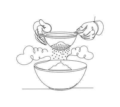 Flour Sifting Process. Minimalistic one-line drawing person shaking flour through fine mesh strainer into bowl, continuous single black line on white