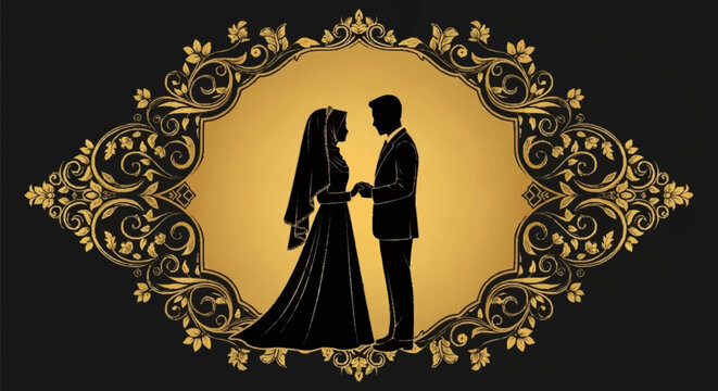 Elegant Wedding Couple Silhouette Framed in Ornate Vintage Decorative Border