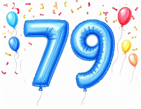 Pencil drawing of blue number 79 balloon. Sketch for birthday or anniversary party