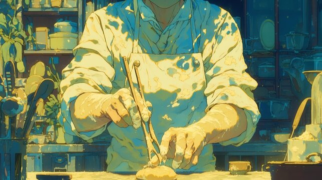 Artisan Hands at Work, close-up of skilled hands kneading dough, flour dust in warm rustic tones, bold outlines, vibrant colors, pop art style, geometric design, city pop aesthetic