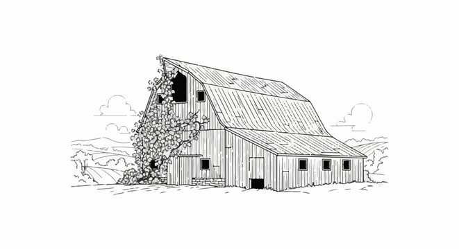 Rural barn with dense foliage encroaching on its side, set against hills