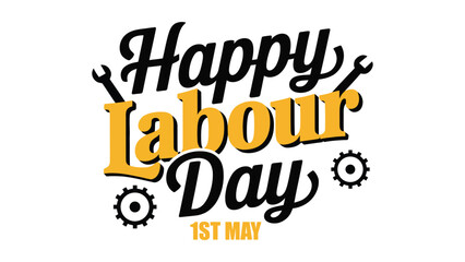 Obraz premium Happy labour day typography design with gears and tools elements celebrating workers contribution industrial workforce appreciation on first may banner