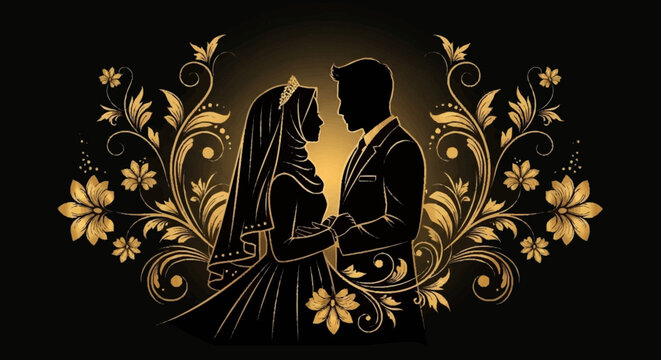 Elegant Muslim Wedding Silhouette in Ornate Floral Frame with Golden Accents