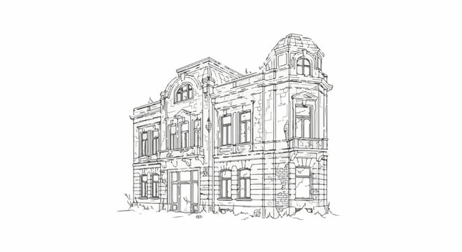 Sketch of an ornate, dilapidated old building with detailed windows and a dome