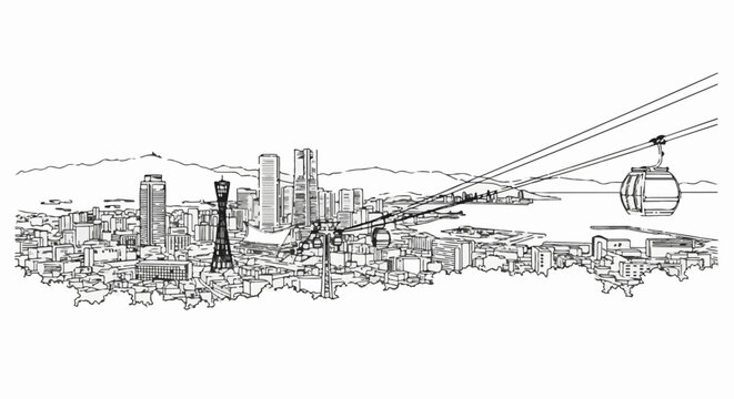 Sketchy cityscape with a prominent tower and a cable car gliding above urban sprawl