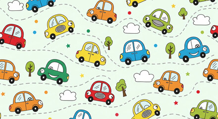 Fototapeta premium Colorful cartoon cars and trees pattern.