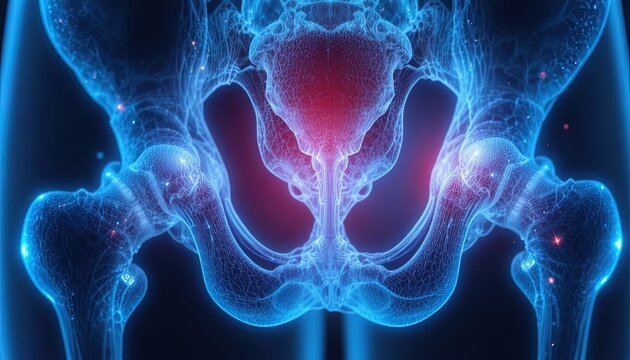 Visualization of the Human Pelvis and Hip Bones with Highlighted Pain Area in a Medical Illustration Style