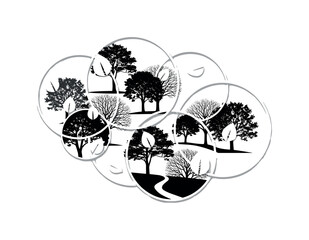 Naklejka premium tree grove circular frames intersecting lines and abstract leaf icons detailed monochrome cluster of trees with walking path in serene grove setting with white
