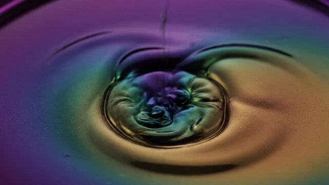 Dark Viscous Liquid Swirling with Iridescent Rainbow Colors Abstract Macro Shot