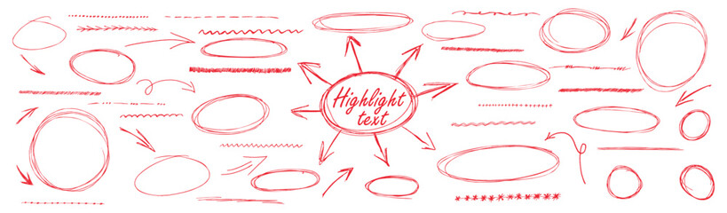 Red pen strokes circle underline shapes with doodle arrow elements. Vector set bundle highlight text scribble. Rough strike lines encircle note fragments for creative accent elements. © A_Y_N