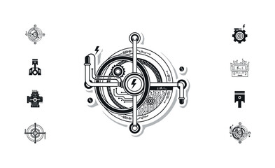 Fototapeta premium hybrid machinery geometric rings intersecting lines and minimal tube icons realistic black and white machine combining mechanical and electronic