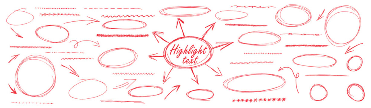 Red pen strokes circle underline shapes with doodle arrow elements. Vector set bundle highlight text scribble. Rough strike lines encircle note fragments for creative accent elements.