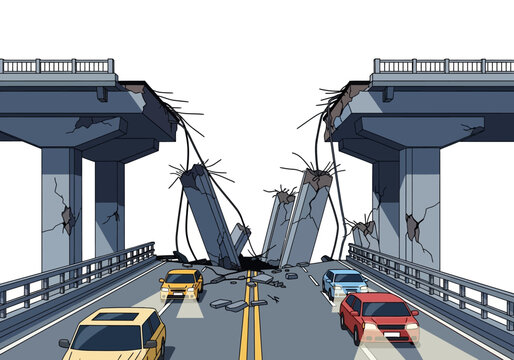 Damaged bridge collapse after disaster, cars navigating the broken roadway