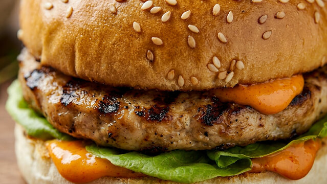 Juicy grilled chicken burger served on a toasted sesame seed bun with fresh lettuce and spicy orange sauce on a rustic wooden background.