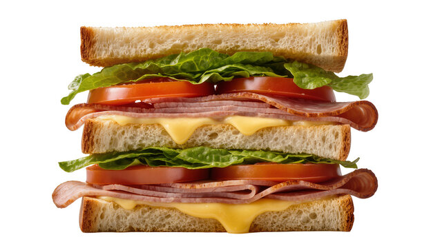 Stacked triple-decker sandwich with toasted wheat bread layers of ham cheese lettuce and ripe tomato, isolated on transparent background for menu design