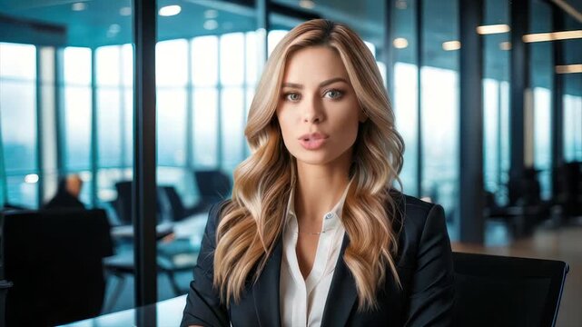 A professional blonde woman in a suit is centered, with a pouting expression, in an office
