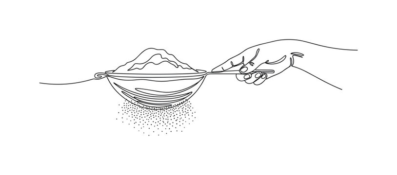 Baking Step. Minimalistic one-line drawing hand holding sieve and sifting flour, continuous single black line on white background, simple outline style, no