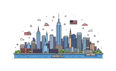 Obraz premium America New York City skyline concept where skyscrapers rise with a river in front while tiny sparkle and star icons highlight urban life, culture, and iconic