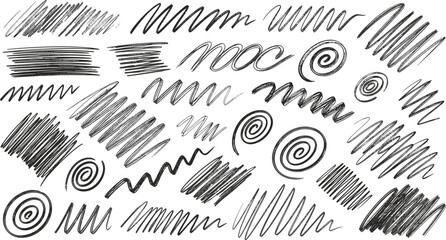 Naklejka premium Hand drawn sketch scribble brush strokes set with abstract lines and spiral doodles, pencil style texture collection for creative design and background elements