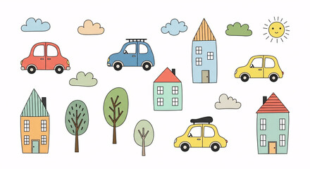 Fototapeta premium colorful cartoon illustration of cityscape with cars and buildings.